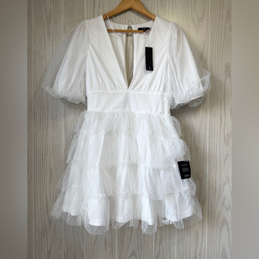 Dramatic Poise White Dot Tulle Puff Sleeve Tiered Mini Dress - Picture 6 of 7
